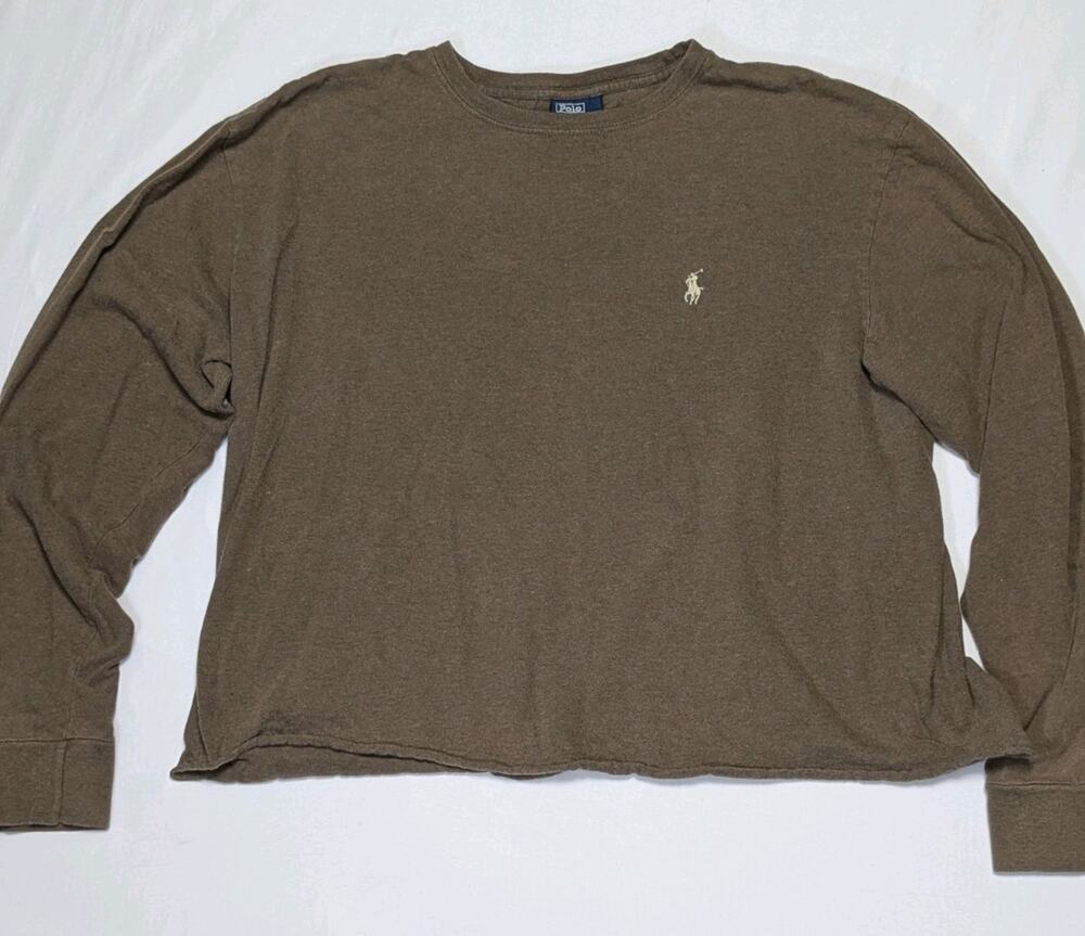 Polo Ralph Lauren Polo Shirt Mens L Brown Long Sleeve 100% Cotton Cropped Y2k